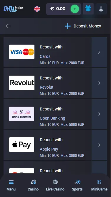 Cashier deposit screen with the casino welcome bonus selected