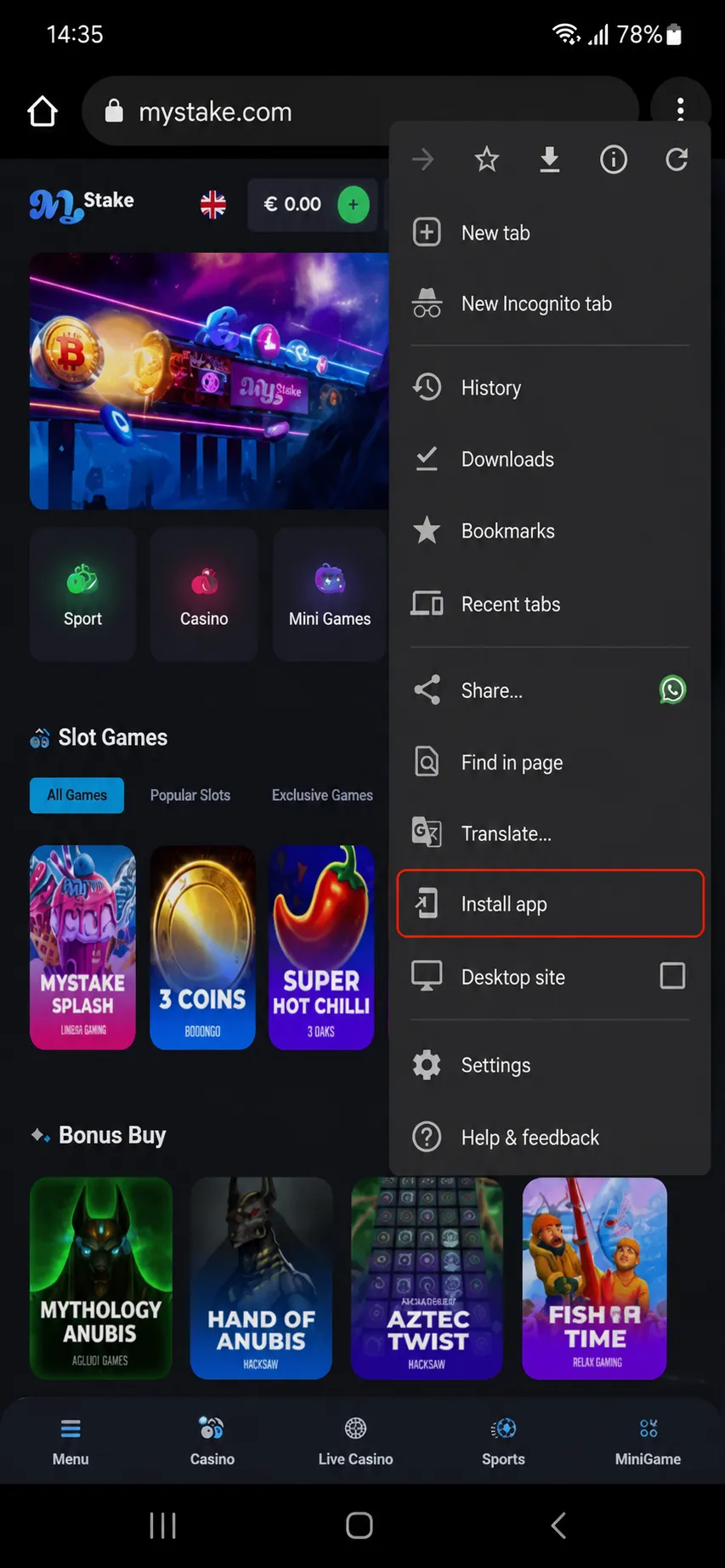 Android Chrome three-dot menu showing the Install app option
